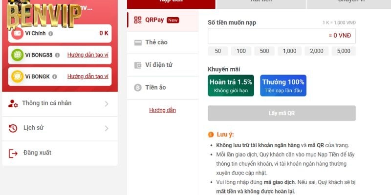 Quy trình nạp tiền đơn giản tại Benvip nhất